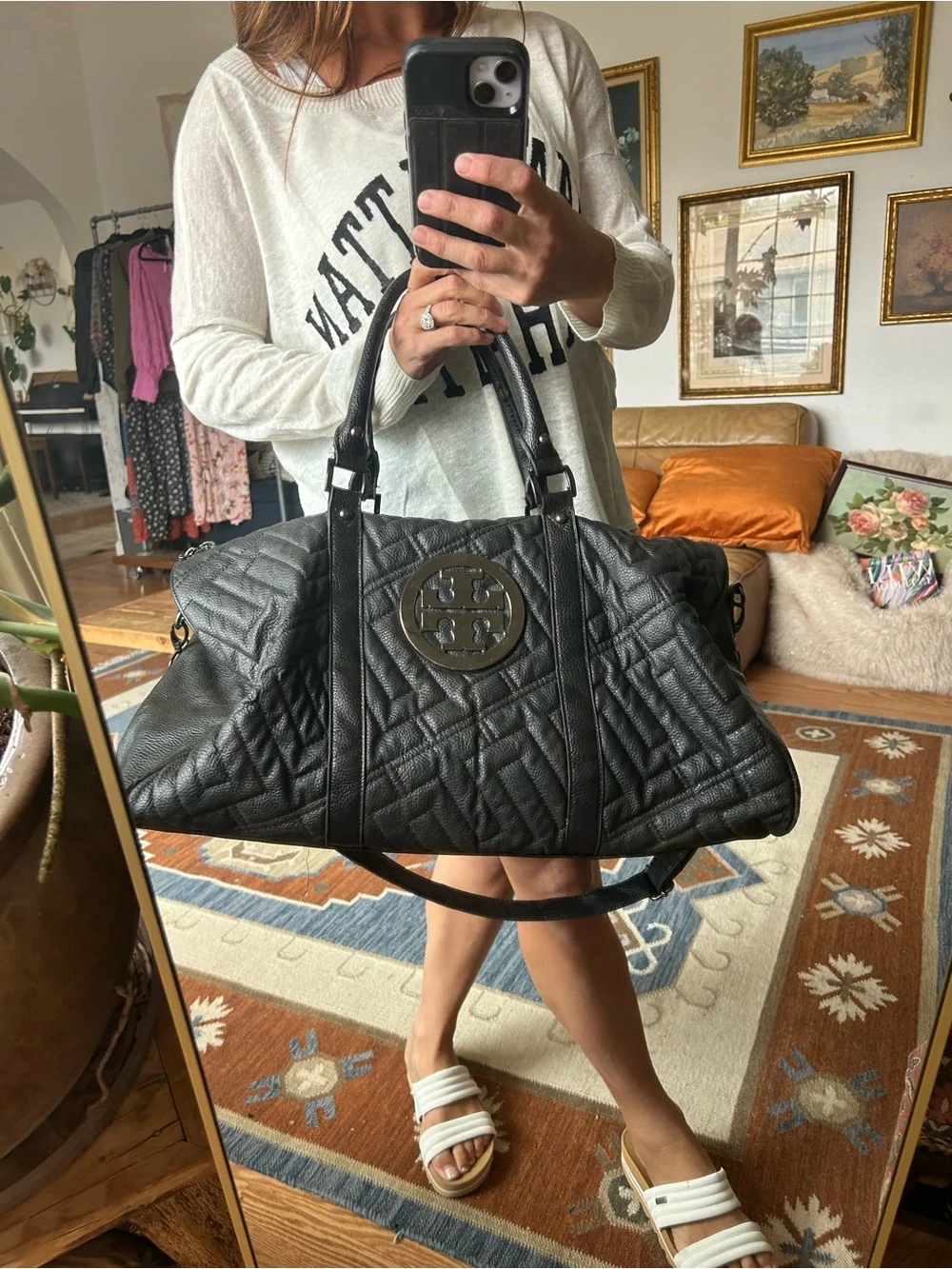 Large Black Quilted real Leather Duffel Bag travel carryon faux branding Italy